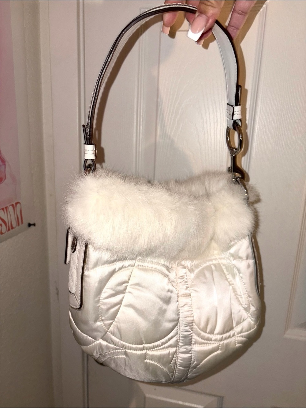 Vintage Coach White Quilted Rabbit Fur Trim hobo bag